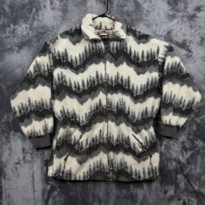 Canadiana Fleece Jacket Mens Medium Grey Pine Tree Mountain Full Zip Vintage